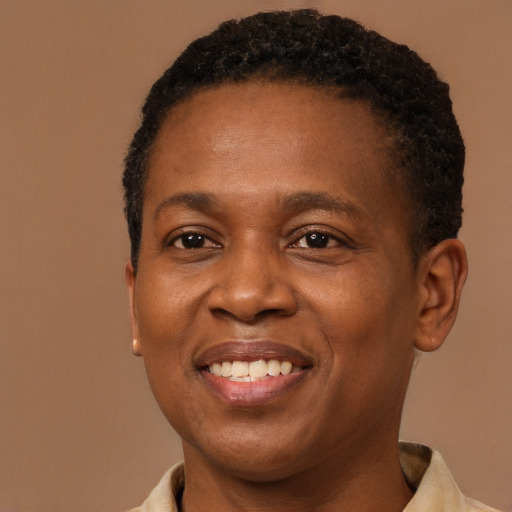 Joyful black young-adult male with short  brown hair and brown eyes