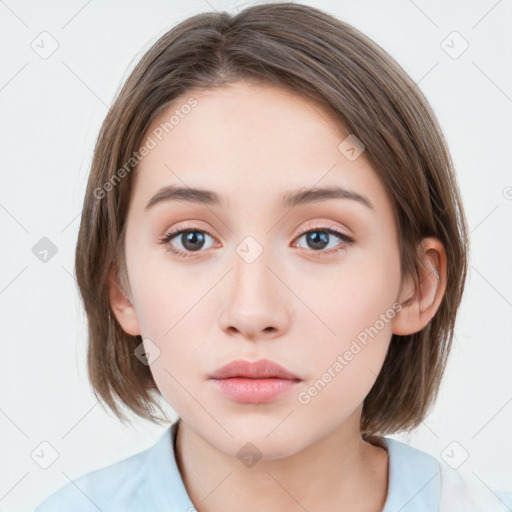 Neutral white young-adult female with medium  brown hair and grey eyes