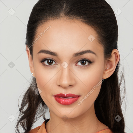 Joyful white young-adult female with long  brown hair and brown eyes