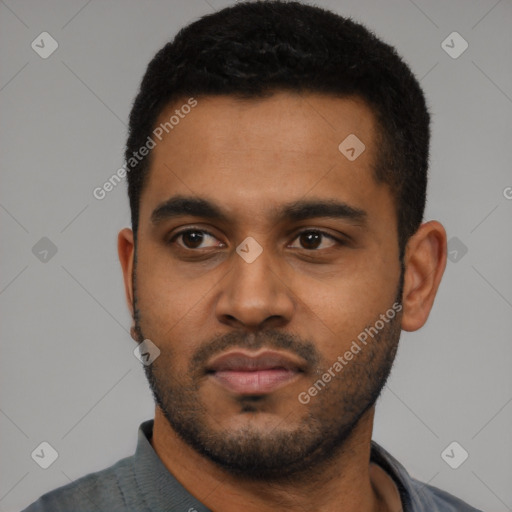 Neutral black young-adult male with short  black hair and brown eyes
