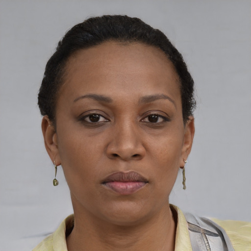 Neutral latino young-adult female with short  brown hair and brown eyes