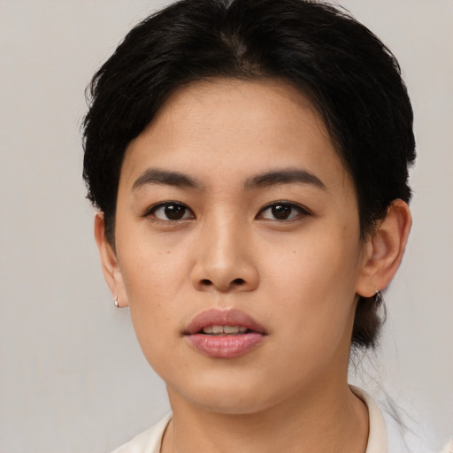 Neutral asian young-adult female with short  black hair and brown eyes
