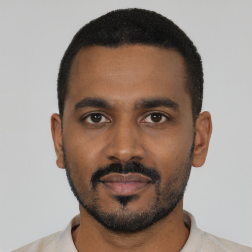 Neutral black young-adult male with short  black hair and brown eyes