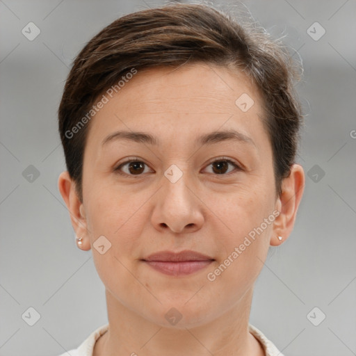 Joyful white young-adult female with short  brown hair and brown eyes