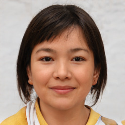 Joyful white child female with medium  brown hair and brown eyes