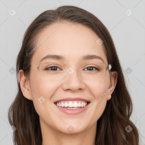 Joyful white young-adult female with long  brown hair and grey eyes