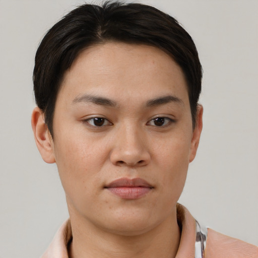 Neutral asian young-adult female with short  brown hair and brown eyes