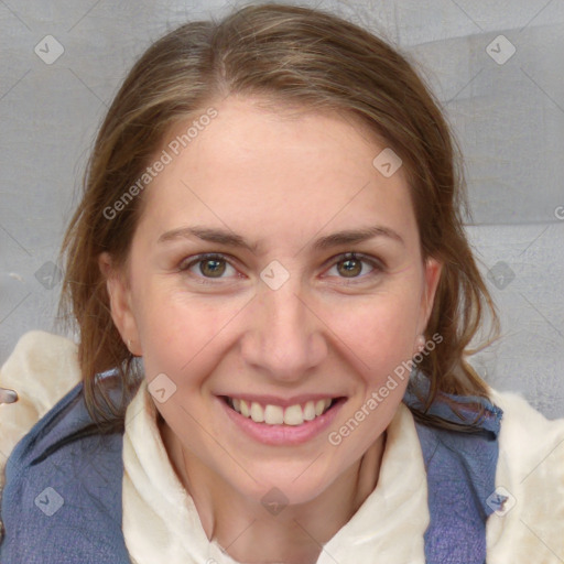 Joyful white young-adult female with medium  brown hair and blue eyes