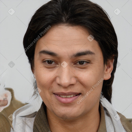 Joyful white adult female with medium  brown hair and brown eyes