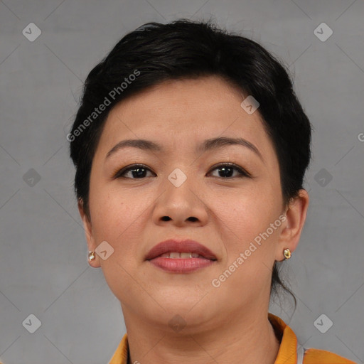 Joyful asian young-adult female with short  brown hair and brown eyes