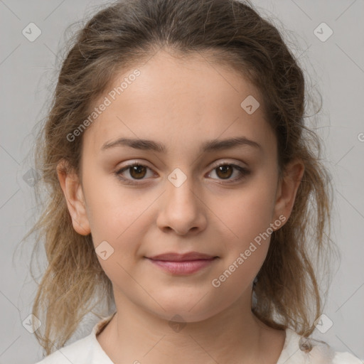 Joyful white child female with medium  brown hair and brown eyes