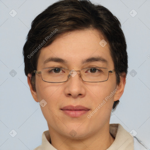 Joyful white adult female with short  brown hair and brown eyes