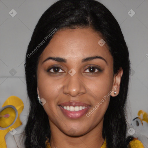 Joyful latino young-adult female with long  black hair and brown eyes