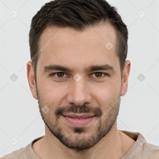 Joyful white young-adult male with short  brown hair and brown eyes