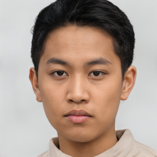 Neutral asian young-adult male with short  black hair and brown eyes