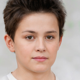 Neutral white young-adult female with short  brown hair and brown eyes