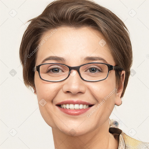 Joyful white young-adult female with medium  brown hair and grey eyes