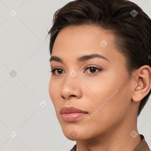 Neutral white young-adult female with short  brown hair and brown eyes