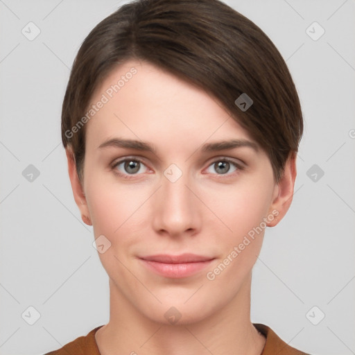 Neutral white young-adult female with short  brown hair and brown eyes