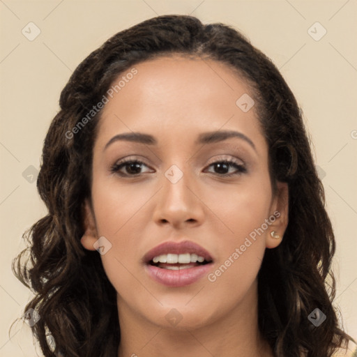 Joyful white young-adult female with long  brown hair and brown eyes