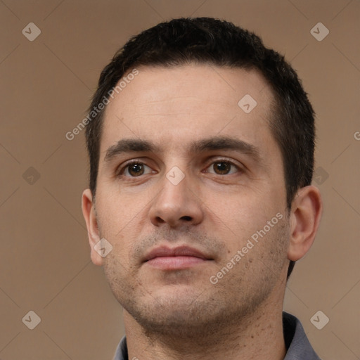 Neutral white young-adult male with short  brown hair and brown eyes