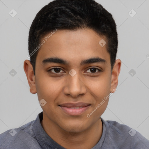 Joyful latino young-adult male with short  brown hair and brown eyes