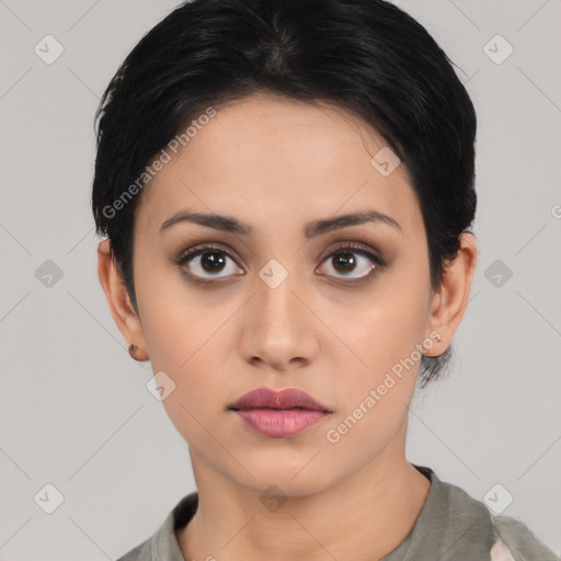 Neutral latino young-adult female with short  black hair and brown eyes