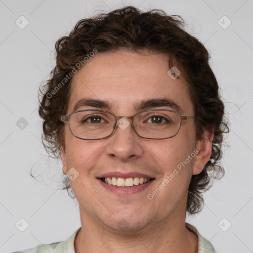 Joyful white adult female with short  brown hair and brown eyes