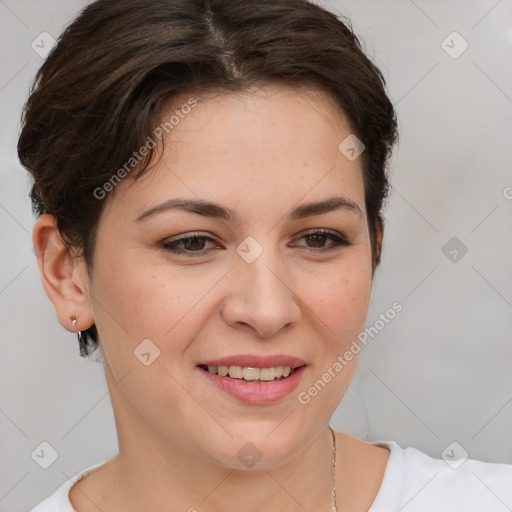 Joyful white young-adult female with short  brown hair and brown eyes