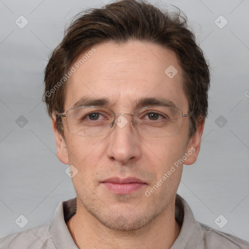 Neutral white adult male with short  brown hair and brown eyes