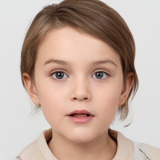 Neutral white child female with medium  brown hair and grey eyes