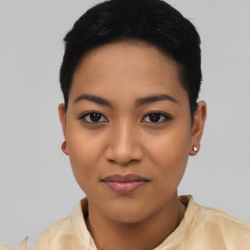 Joyful asian young-adult female with short  black hair and brown eyes