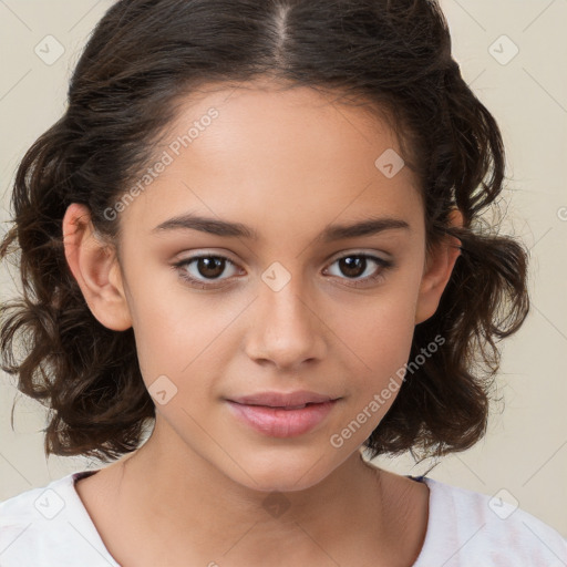 Joyful white child female with medium  brown hair and brown eyes