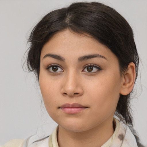 Neutral asian young-adult female with medium  brown hair and brown eyes