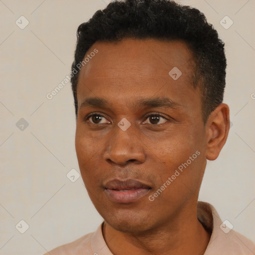 Neutral black young-adult male with short  black hair and brown eyes