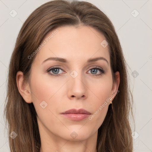 Neutral white young-adult female with long  brown hair and grey eyes