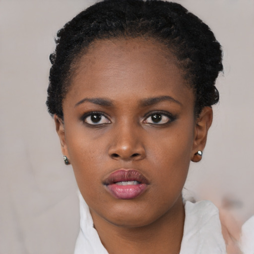 Neutral black young-adult female with short  black hair and brown eyes