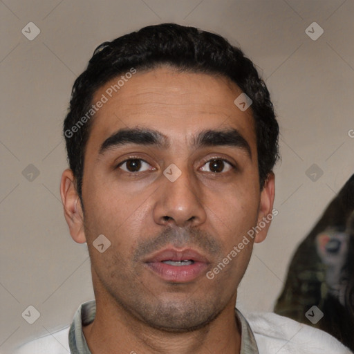 Neutral latino young-adult male with short  black hair and brown eyes