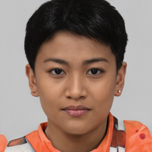 Neutral asian young-adult female with short  brown hair and brown eyes