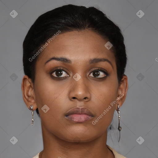 Neutral black young-adult female with short  brown hair and brown eyes