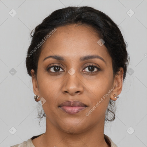 Joyful latino young-adult female with medium  black hair and brown eyes