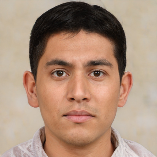 Neutral asian young-adult male with short  brown hair and brown eyes