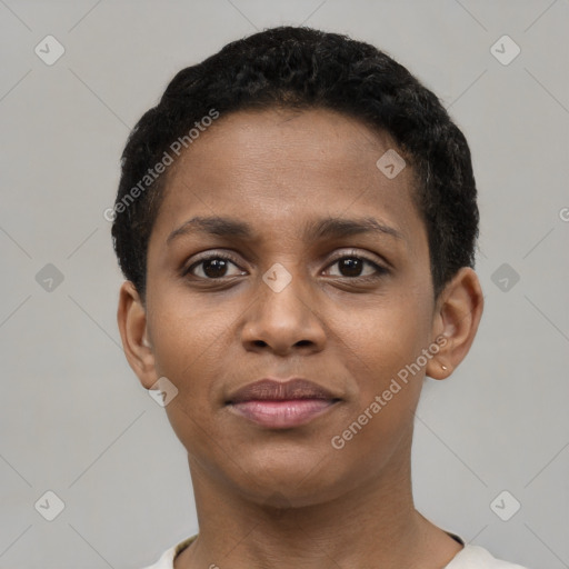 Neutral black young-adult female with short  brown hair and brown eyes