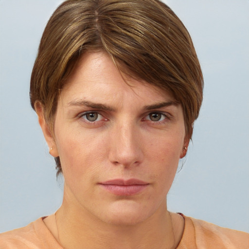 Neutral white young-adult female with short  brown hair and grey eyes