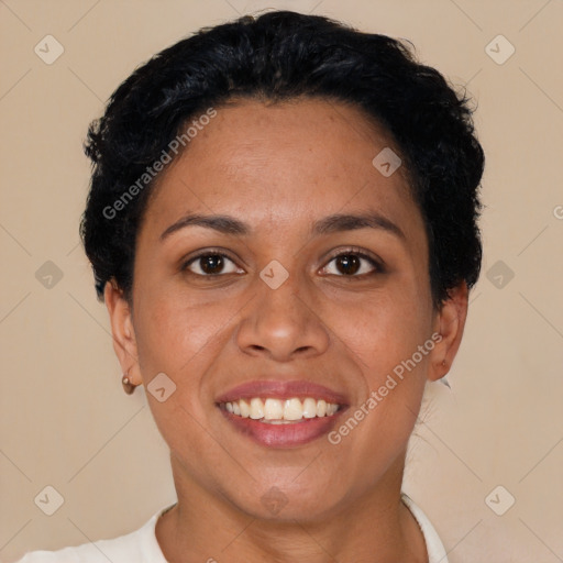 Joyful latino young-adult female with short  brown hair and brown eyes