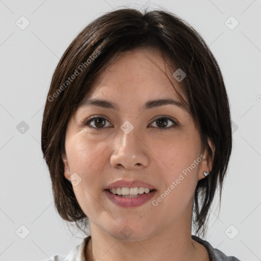 Joyful white young-adult female with medium  brown hair and brown eyes