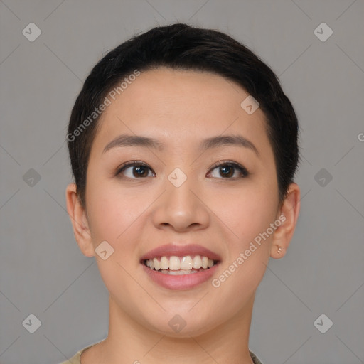 Joyful asian young-adult female with short  black hair and brown eyes