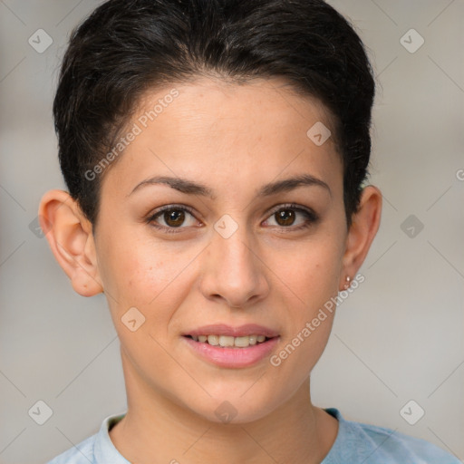 Joyful white young-adult female with short  brown hair and brown eyes