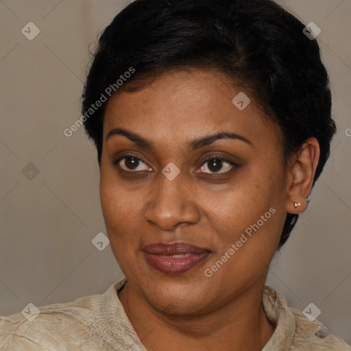 Joyful latino young-adult female with short  brown hair and brown eyes