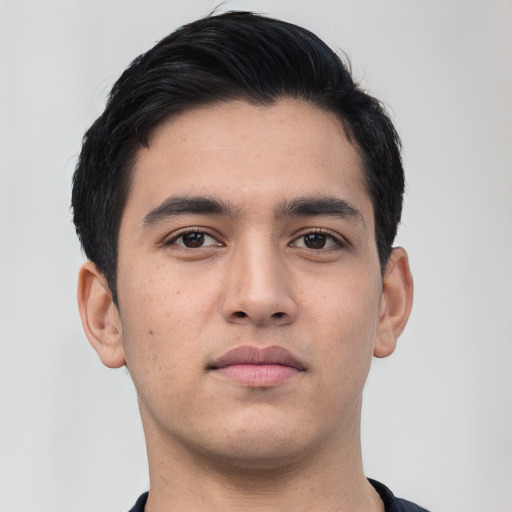 Neutral white young-adult male with short  black hair and brown eyes